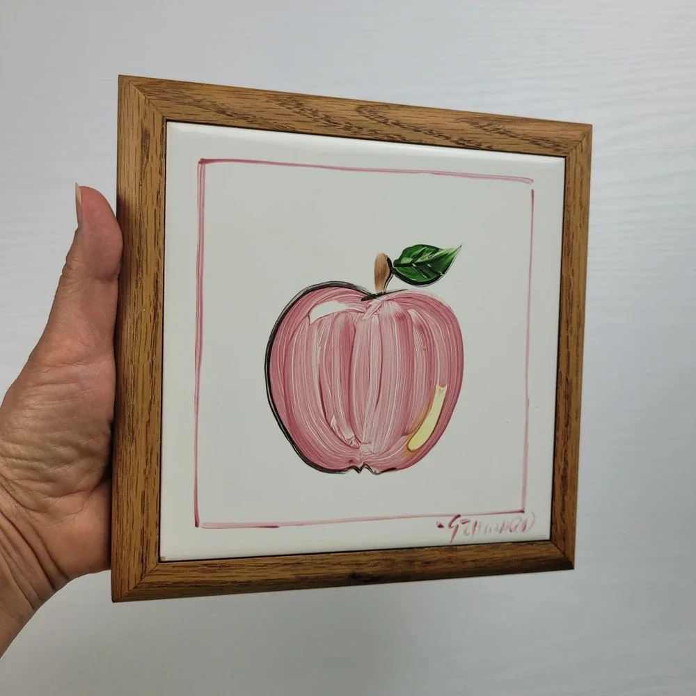 Vintage 90s Apple Tile Howard Originals 1992 Hand Painted wooden Framed wall Art